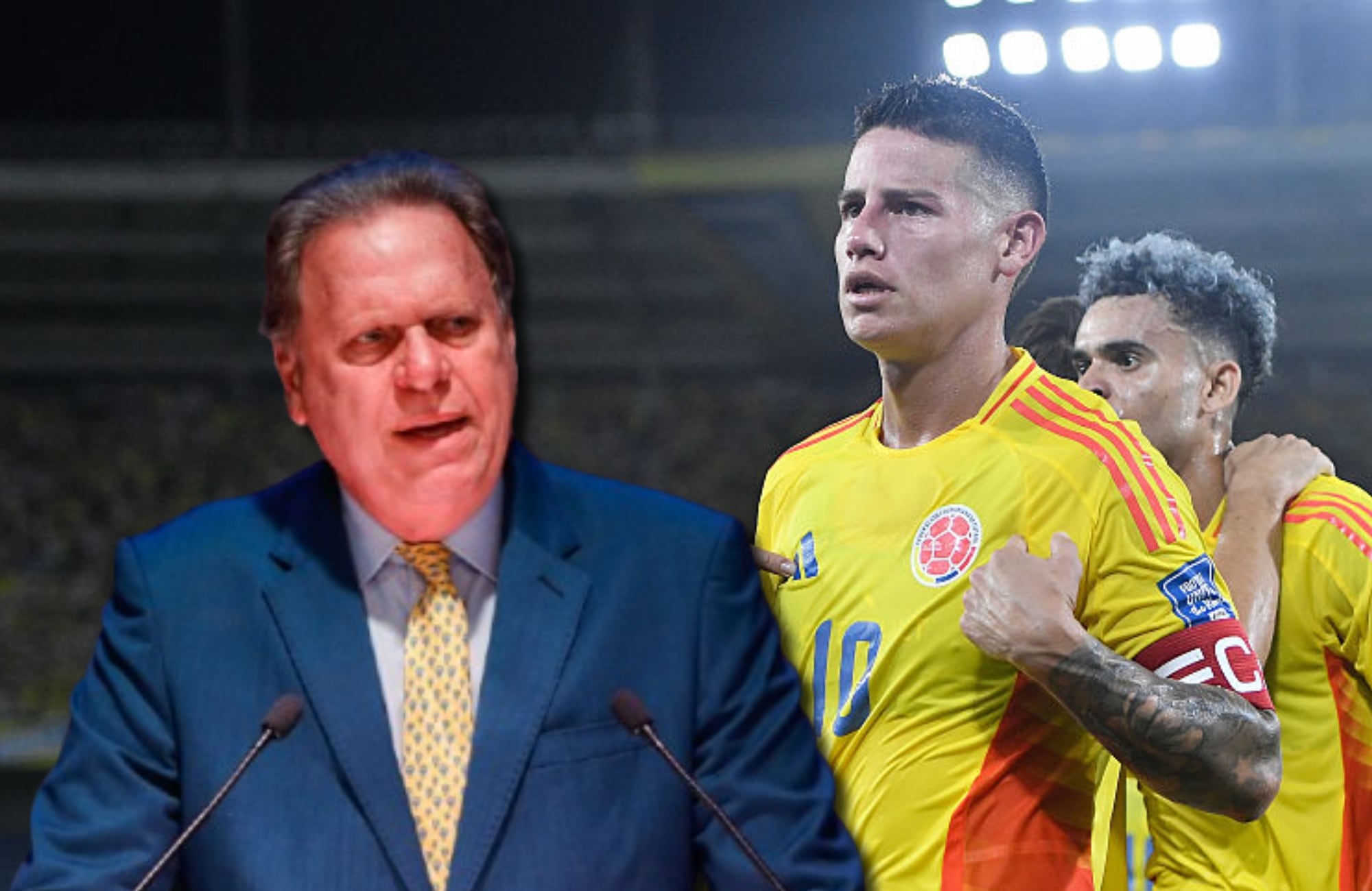 Ramón Jesurún y James Rodríguez. Fotos: (Photo by Andres Rot - FIFA/FIFA via Getty Images) / (Photo by Gabriel Aponte/Getty Images)