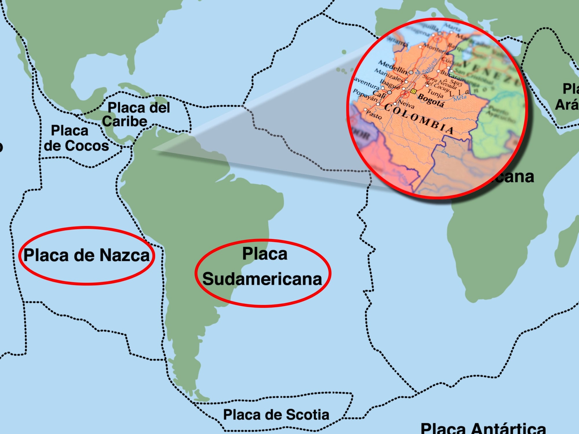 Placas tectónicas de Nazca y Sudamérica. En el círculo, el mapa de Colombia. Fotos: Getty Images.