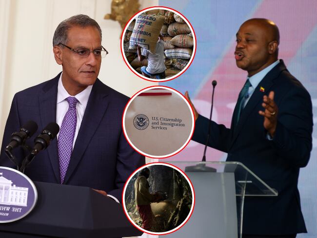 El Ministro de Relaciones Exteriores de Colombia, Luis Gilberto Murillo (d) y el representante es el Subsecretario de Estado de Administración y Recursos de los Estados Unidos, Richard Verma. En los círculos, los temas clave de la conversación: comercio, migración y medioambiente.
(Foto: Getty / Caracol Radio)