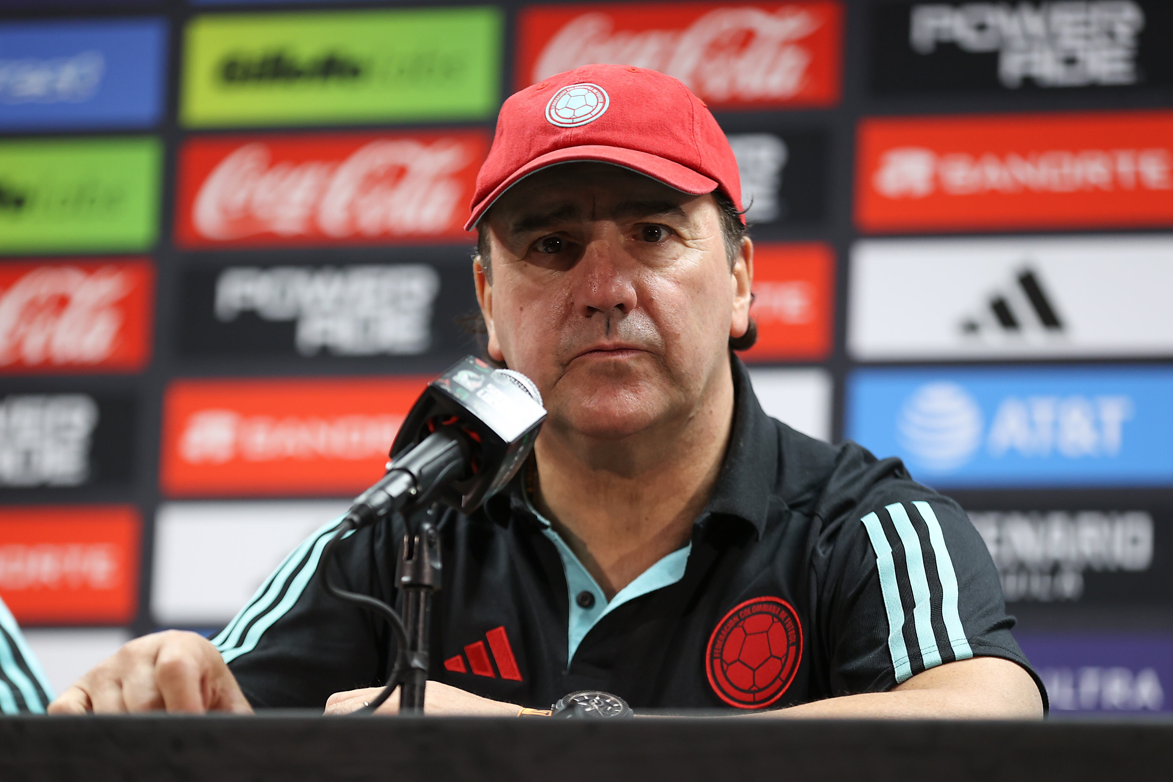 LOS ANGELES, CALIFORNIA - DECEMBER 15: Head coach of Colombia Nestor Lorenzo speaks during a press conference ahead of an international friendly against Mexico at Los Angeles Memorial Coliseum on December 15, 2023 in Los Angeles, California. (Photo by Omar Vega/Getty Images)
