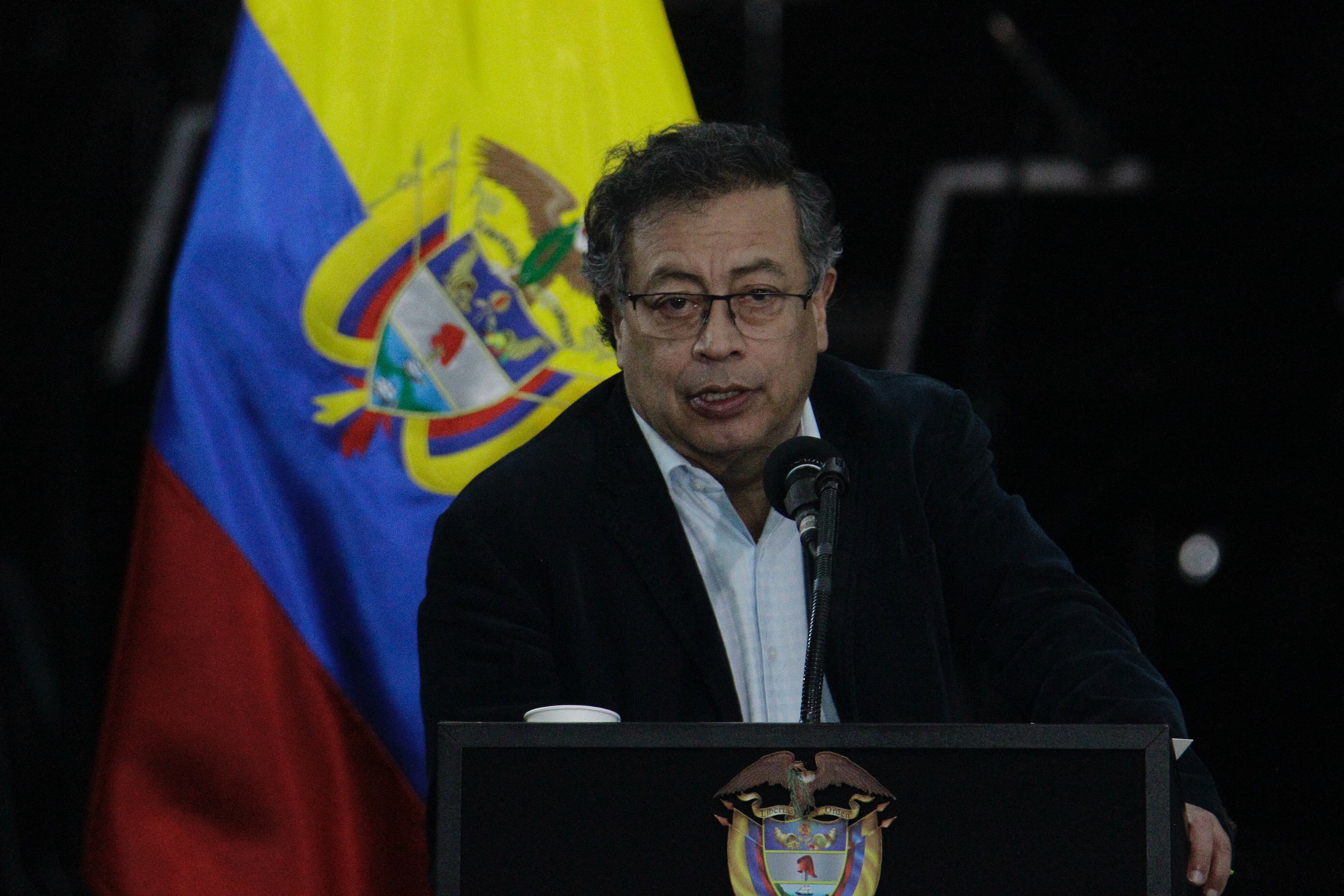 Colombia's President Gustavo Petro speaks during the eighth commemoration of the signing of the peace agreement between the Colombian government and the FARC guerrillas at Bolivar Square in Bogota on November 21, 2024. (Photo by Andrea ARIZA / AFP) (Photo by ANDREA ARIZA/AFP via Getty Images)