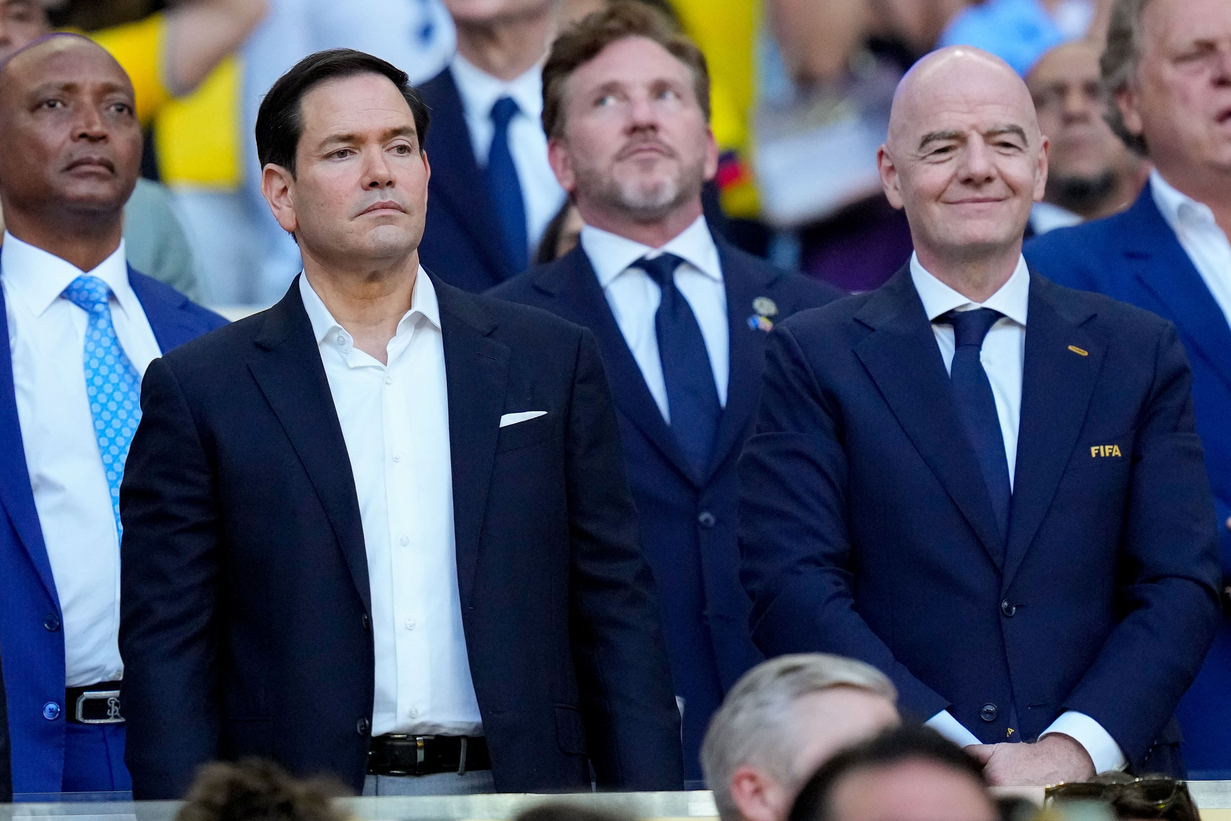 El secretario de Estado, Marco Antonio Rubio, junto al presidente de la FIFA, Gianni Infantino (Cortesía: Alex Gottschalk/DeFodi Images/DeFodi via Getty Images)
