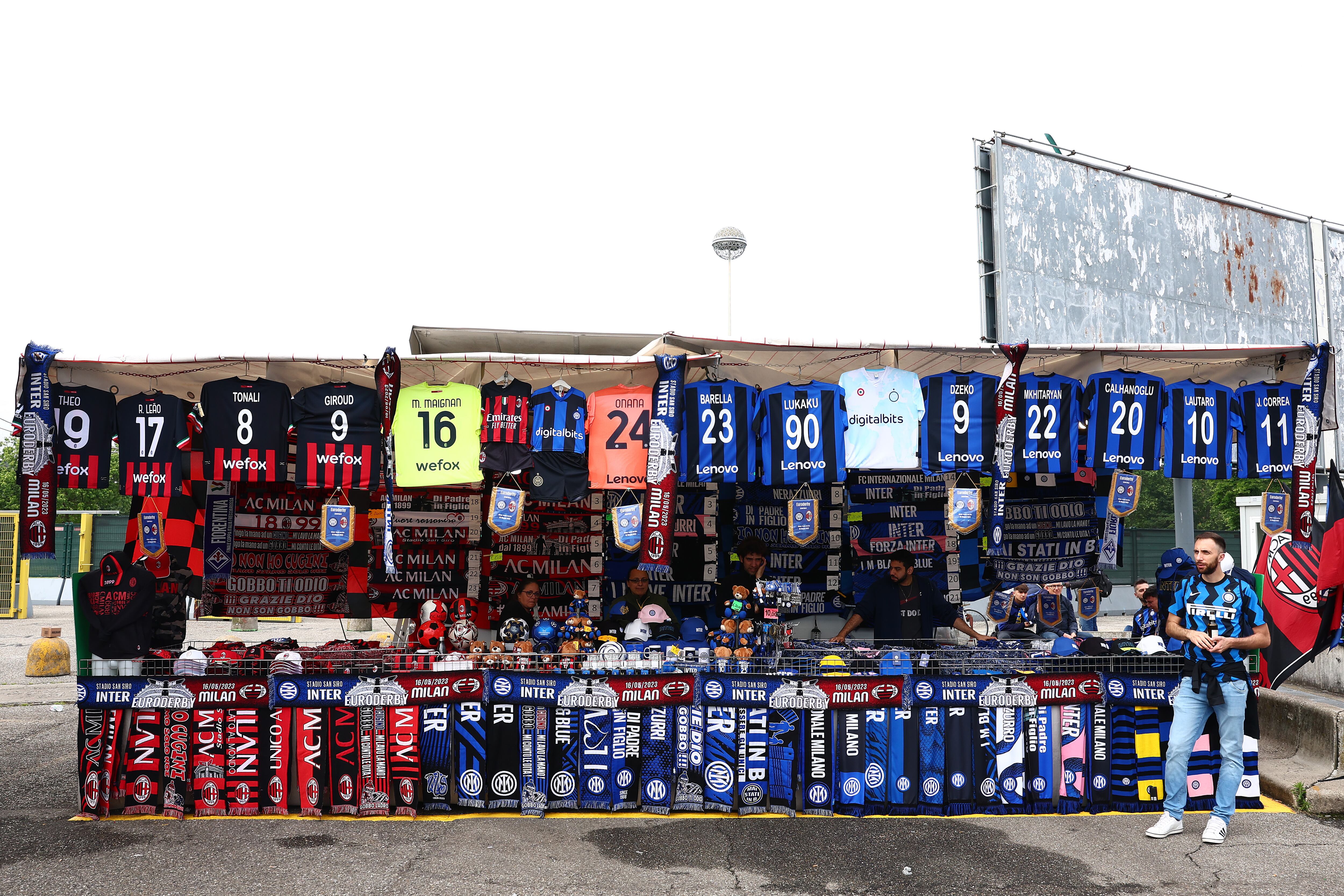MILAN, ITALY - MAY 16: Merchandise is seen on sale ahead of the UEFA Champions League semi-final second leg match between FC Internazionale v AC Milan at Stadio Giuseppe Meazza on May 16, 2023 in Milan, Italy. (Photo by Chris Brunskill/Fantasista/Getty Images)