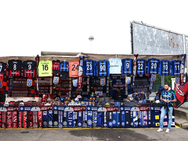 MILAN, ITALY - MAY 16: Merchandise is seen on sale ahead of the UEFA Champions League semi-final second leg match between FC Internazionale v AC Milan at Stadio Giuseppe Meazza on May 16, 2023 in Milan, Italy. (Photo by Chris Brunskill/Fantasista/Getty Images)