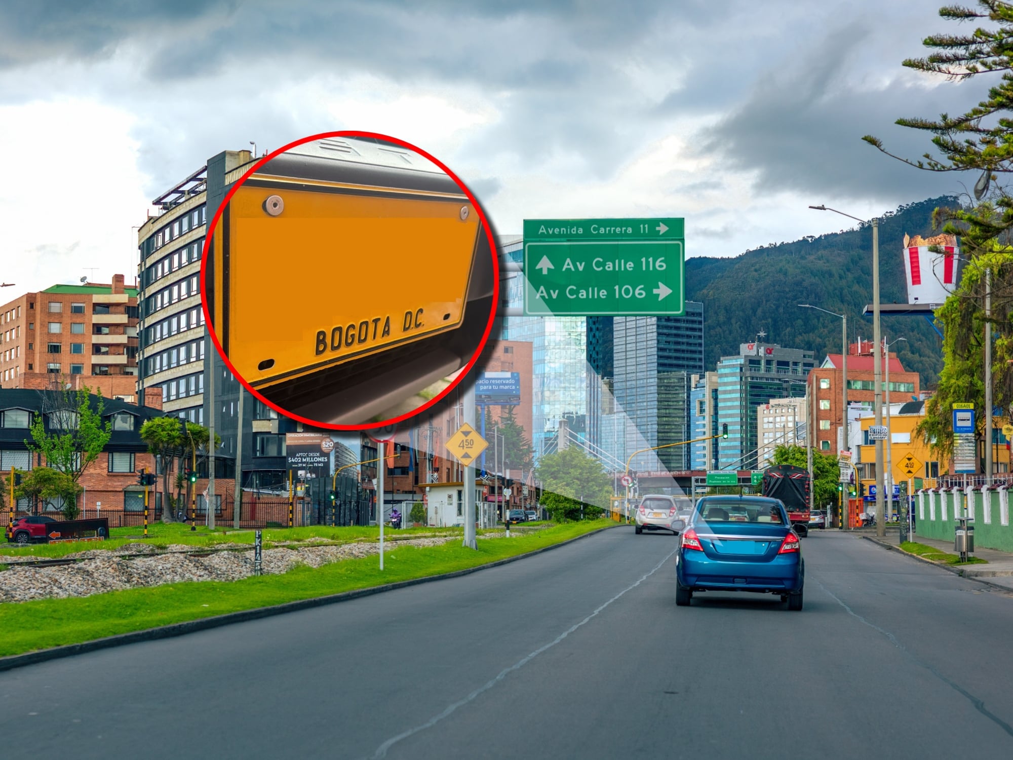 Carro en Bogotá sin placa, junto a la placa de un vehículo. Fotos: Getty Images y Caracol Radio.