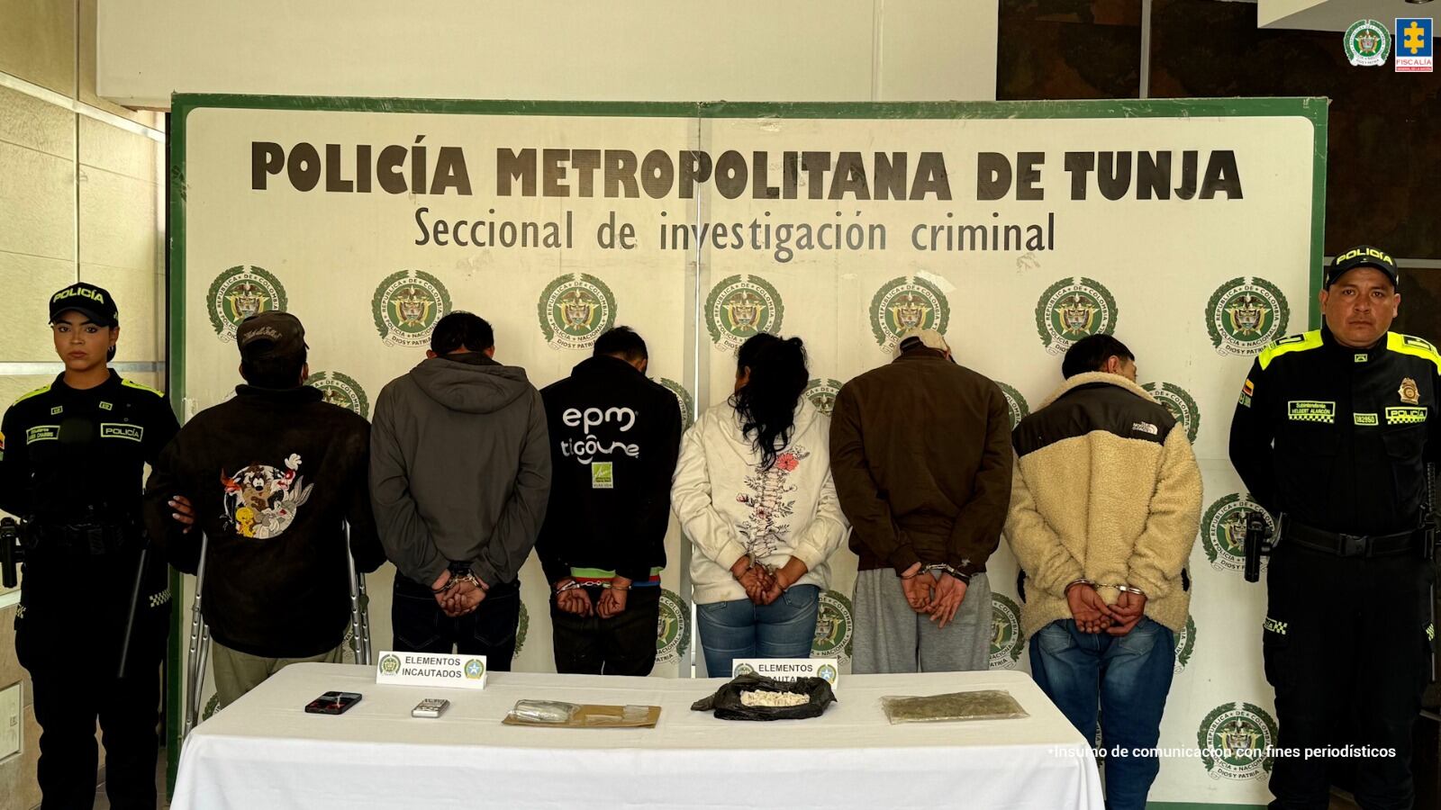 Los cinco hombres fueron enviados a la cárcel, mientras que la mujer fue cobijada con detención domiciliaria por su condición de madre cabeza de familia / Foto: Fiscalía General de la Nación.