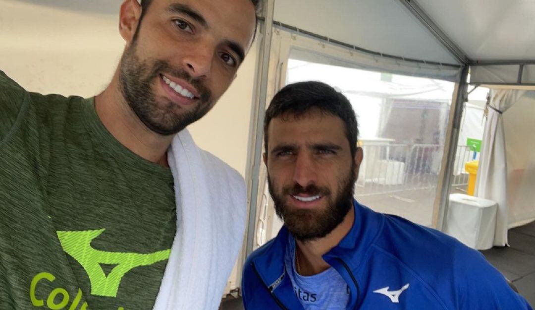 Juan Sebastián Cabal y Robert Farah durante su primer día de entrenamiento en Australia.