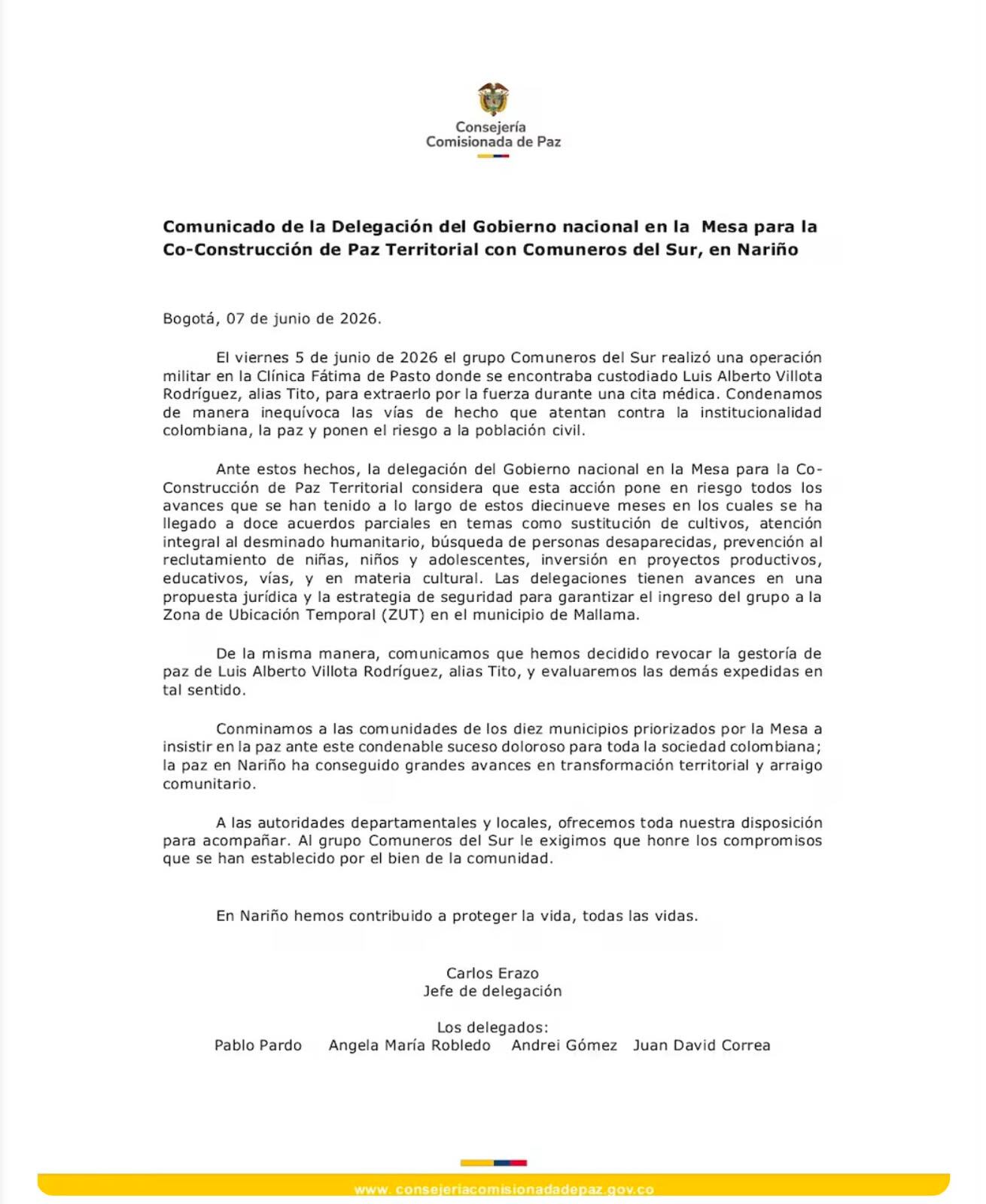 Comunicado delegación del Gobierno Nacional en la Mesa para la Co-Construcción de Paz Territorial.