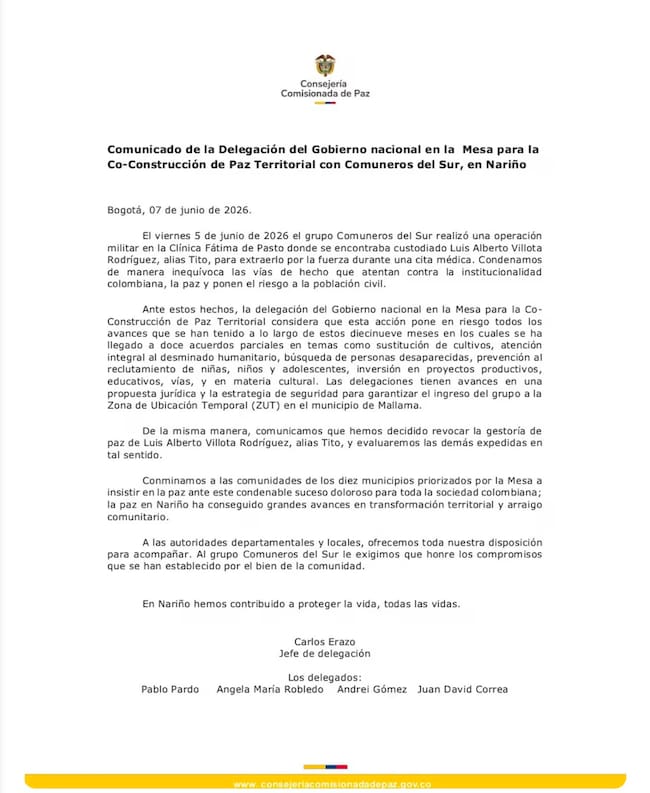 Comunicado delegación del Gobierno Nacional en la Mesa para la Co-Construcción de Paz Territorial.