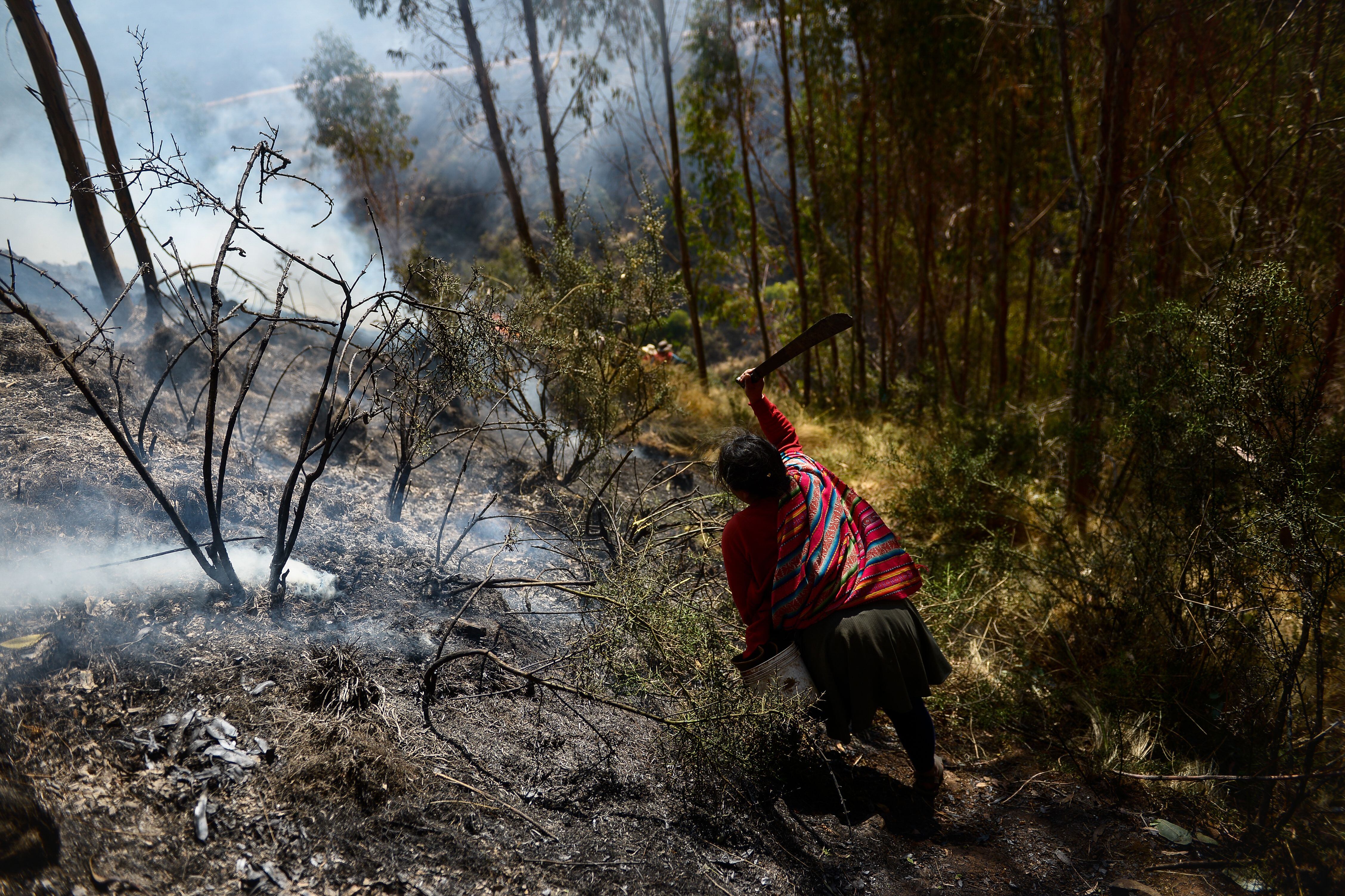 A resident helps put out a forest fire in Tambomachay, an area within the Archaeological Park of Sacsayhuaman near the Peruvian Andean city of Cusco, Peru, on October 9, 2020. - The fire, which broke out overnight, was controlled Friday without victims and without causing damages to heritage sites, the Peruvian Civil Defense informed. (Photo by MIGUEL YOVERA / AFP) (Photo by MIGUEL YOVERA/AFP via Getty Images)