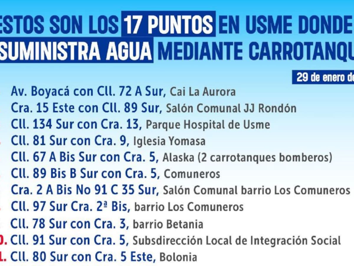 Por daños en el acueducto, hoy no habrá servicio de agua en Usme