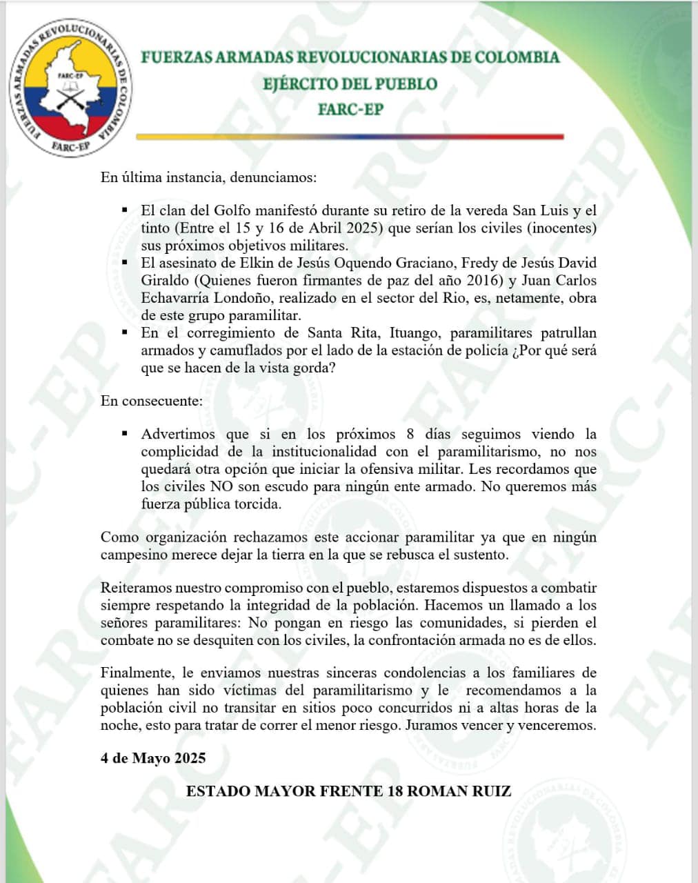Comunicado frente 18 disidencias