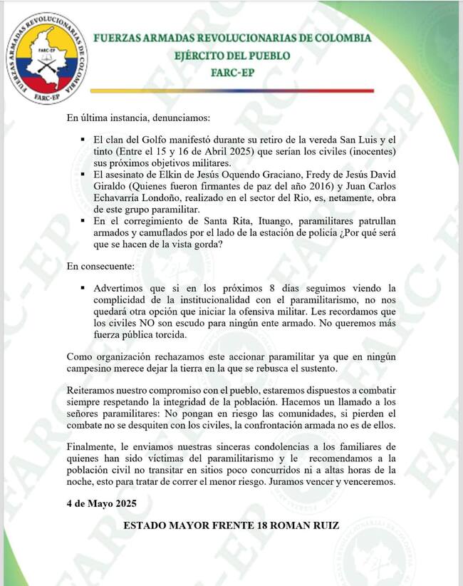 Comunicado frente 18 disidencias