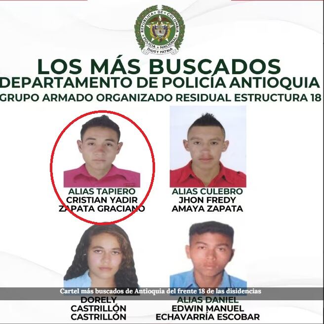Alias Tapiero cartel de los más buscados del frente 18 de las disidencias