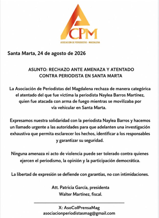 Asociación de Periodistas del Magdalena rechazó el ataque a Naylea Barros.