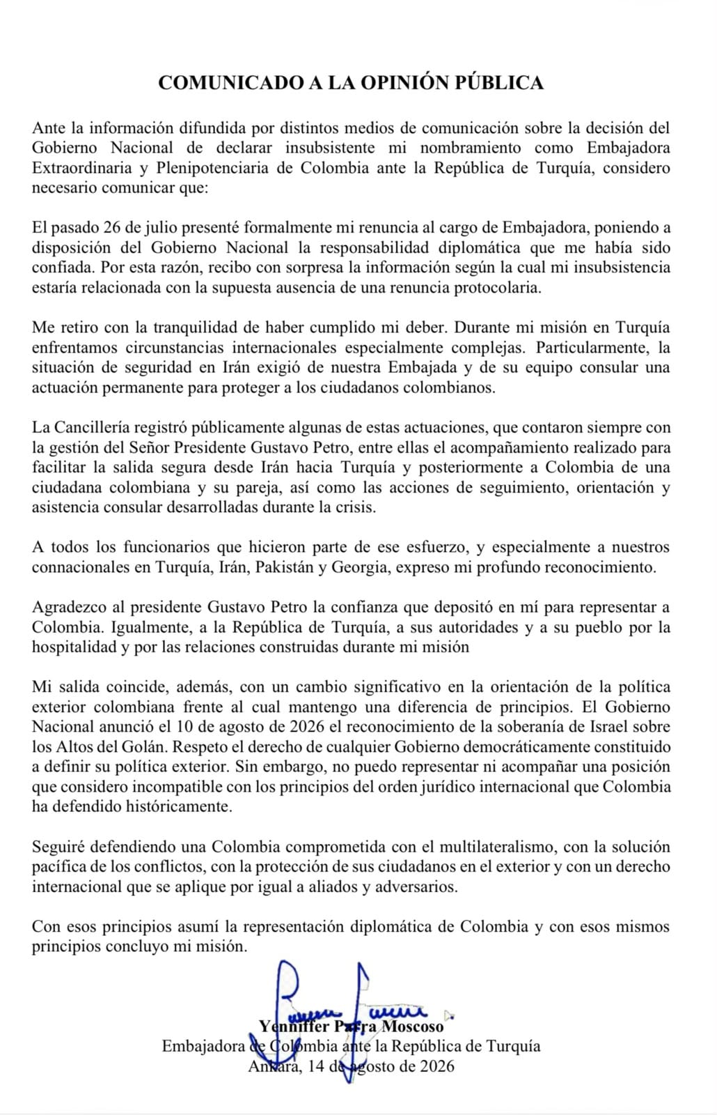 Carta de la embajadora de Colombia en Turquía. Foto: suministrada.