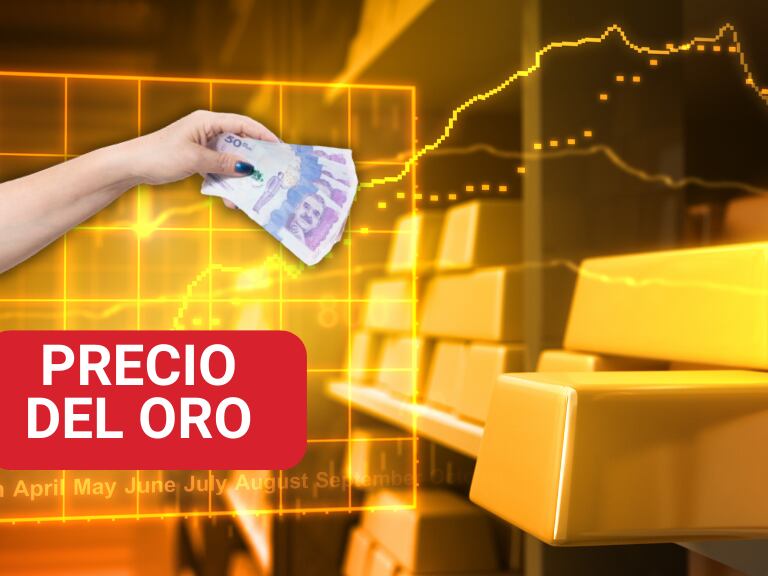 Lingotes de oro una ilustración de cifras fluctuantes y una persona entregando billetes colombianos de 50 mil pesos (Fotos vía Getty Images)