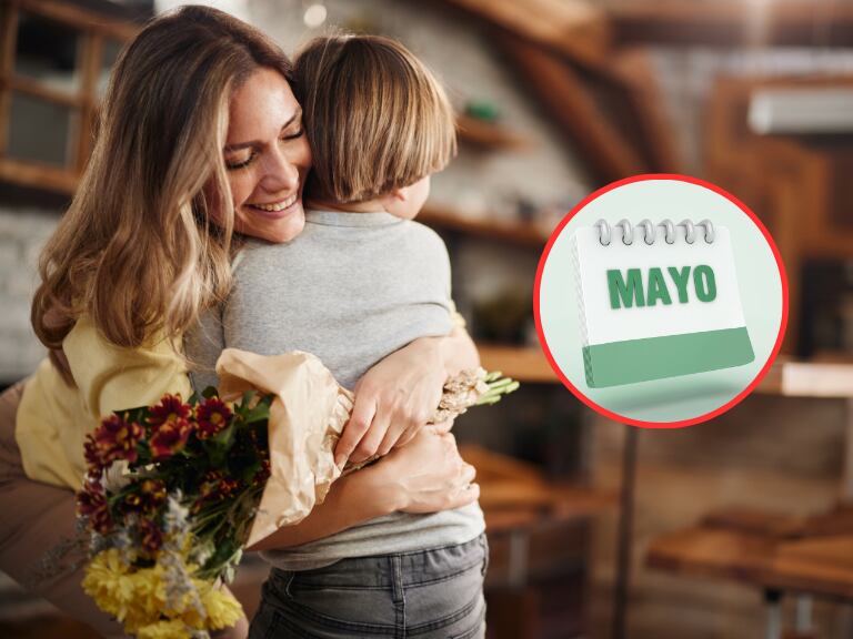 Niño entregando unas flores a su madre y de fondo una ilustración alusiva al mes de mayo (Fotos vía Getty Images)