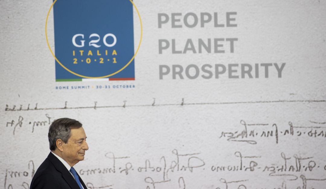 El primer ministro italiano, Mario Draghi, durante el inicio de la cumbre G20 en Roma. 