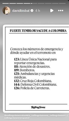 El artista compartió en sus redes números de emergencia disponibles en Colombia para quienes resultaran afectados. Foto: Instagram Storys @davidbisbal