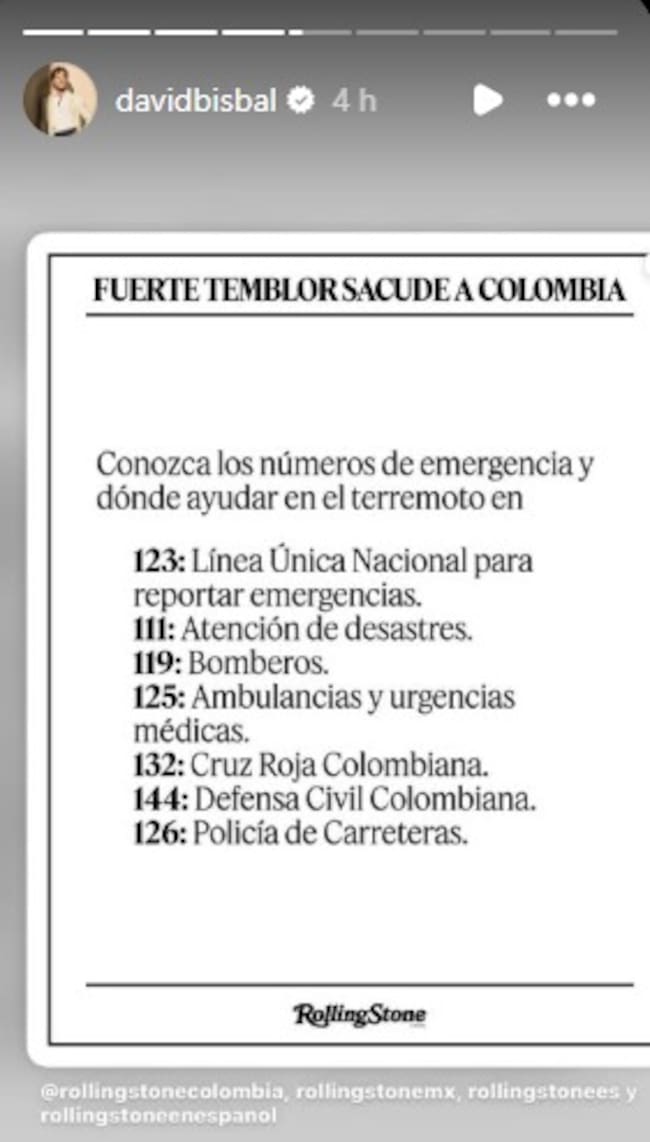 El artista compartió en sus redes números de emergencia disponibles en Colombia para quienes resultaran afectados. Foto: Instagram Storys @davidbisbal