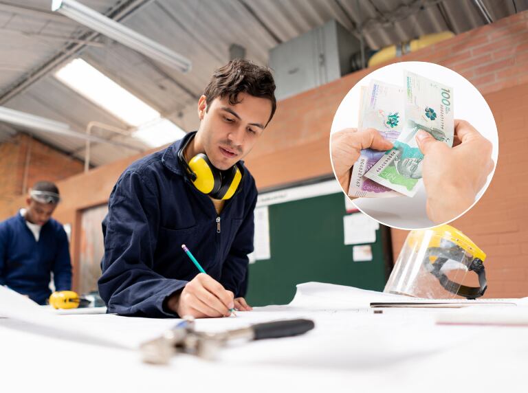 Joven en clase revisando planos / Persona contando dinero colombiano (Getty Images)