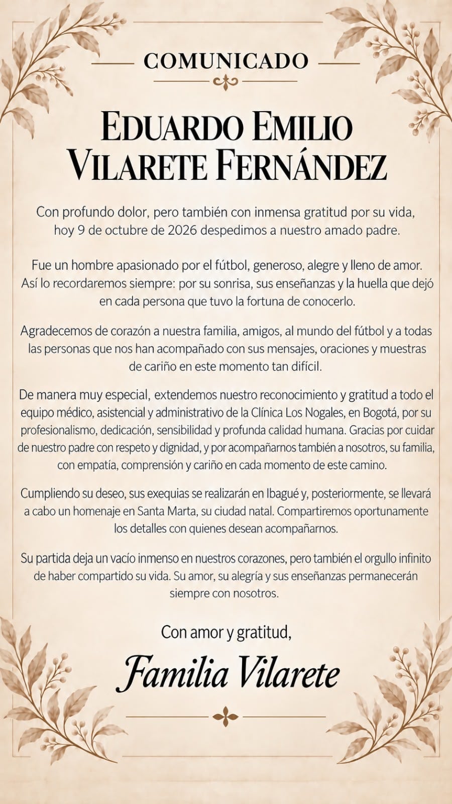 Comunicado de los hijos de Eduardo Emilio Vilarete sobre su muerte.