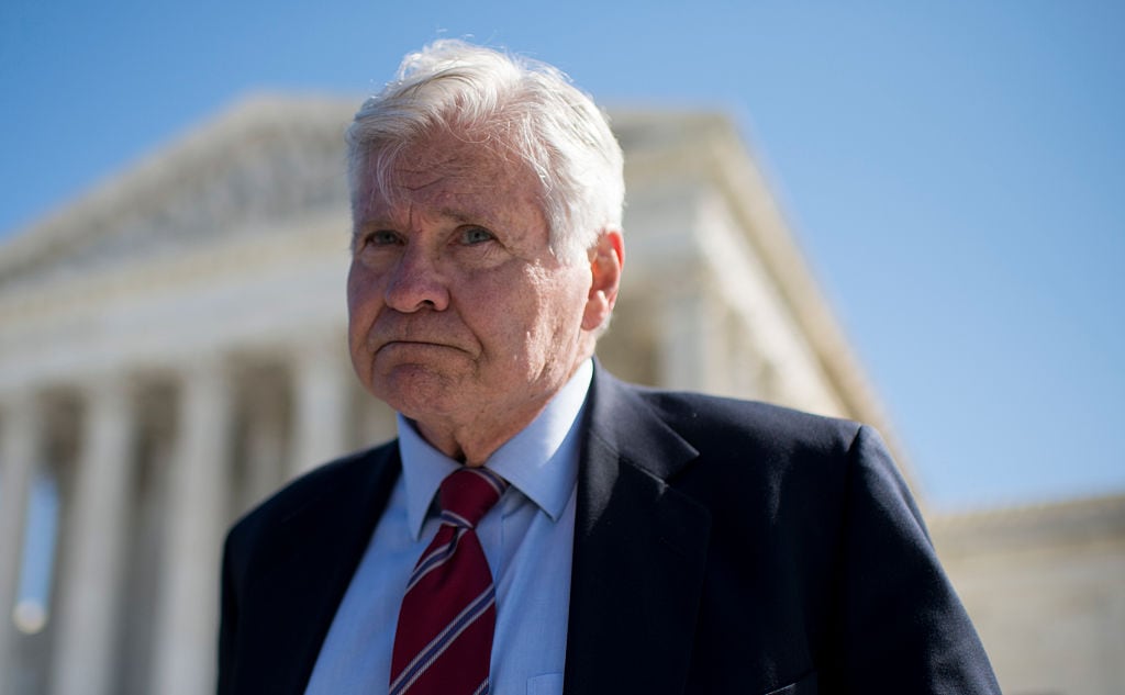 UNITED STATES - MARCH 23: Former Rep. Ben "Cooter" Jones, D-Ga., speaks with reporters outside of the U.S. Supreme Court following arguments in the Walker v. Sons of Confederate Veterans case in Washington on Monday, March 23, 2015. Jones, a member of the Sons of Confederate Veterans, came to the court to support the Texas division of the group suing to allow the Confederate battle flag on license plates. Jones starred as Cooter in the "Dukes of Hazzard" television show, and ran against Newt Gingrich in 1994. (Photo By Bill Clark/CQ Roll Call)