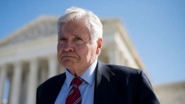 UNITED STATES - MARCH 23: Former Rep. Ben "Cooter" Jones, D-Ga., speaks with reporters outside of the U.S. Supreme Court following arguments in the Walker v. Sons of Confederate Veterans case in Washington on Monday, March 23, 2015. Jones, a member of the Sons of Confederate Veterans, came to the court to support the Texas division of the group suing to allow the Confederate battle flag on license plates. Jones starred as Cooter in the "Dukes of Hazzard" television show, and ran against Newt Gingrich in 1994. (Photo By Bill Clark/CQ Roll Call)