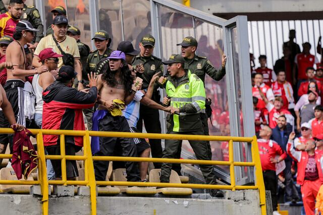 La Policía intercepta a uno de los hinchas del Tolima que estaba ocasionando desmanes desde la tribuna norte del estadio El Campín / Colprensa.