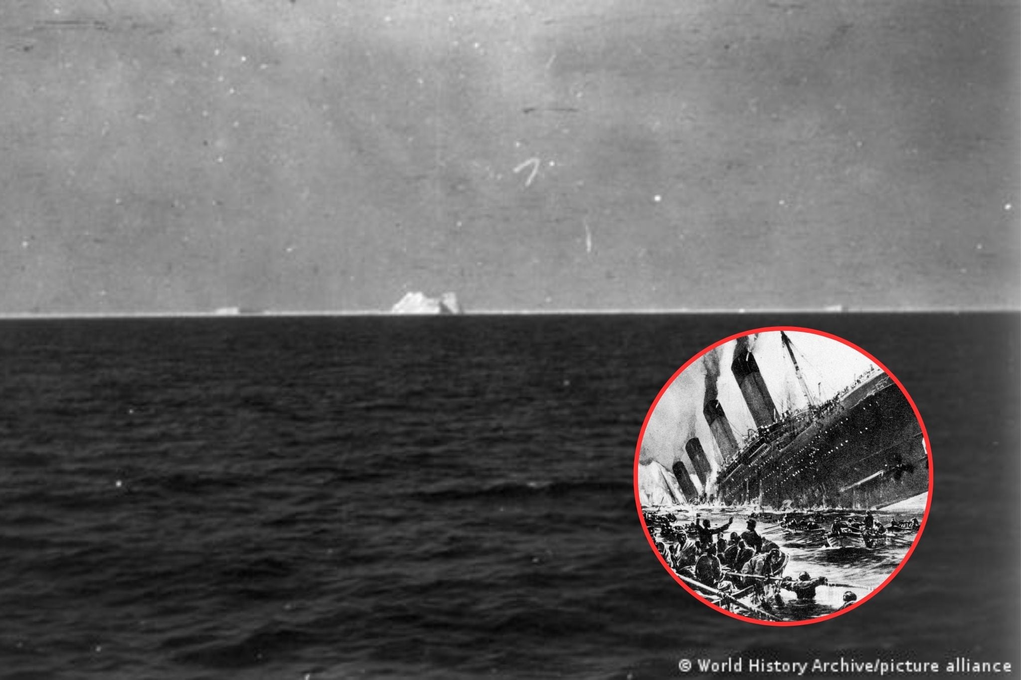 Fotografía tomada a un iceberg desde uno de los buques de rescate que llegaron al lugar del incidente del Titanic. / Foto: DW y World History Archive / Picture Alliance. - La segunda foto es una imagen de referencia de Getty Images.