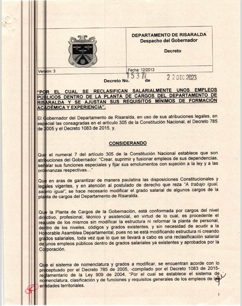 Foto: Decreto de reclasificación de cargos - Gobernación de Risaralda