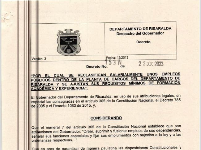 Foto: Decreto de reclasificación de cargos - Gobernación de Risaralda