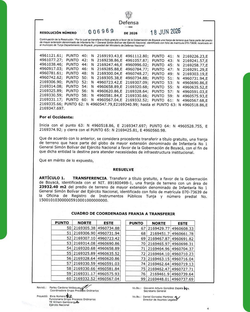 Cesión de los predios a la Gobernación de Boyacá.