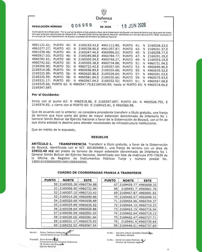 Cesión de los predios a la Gobernación de Boyacá.