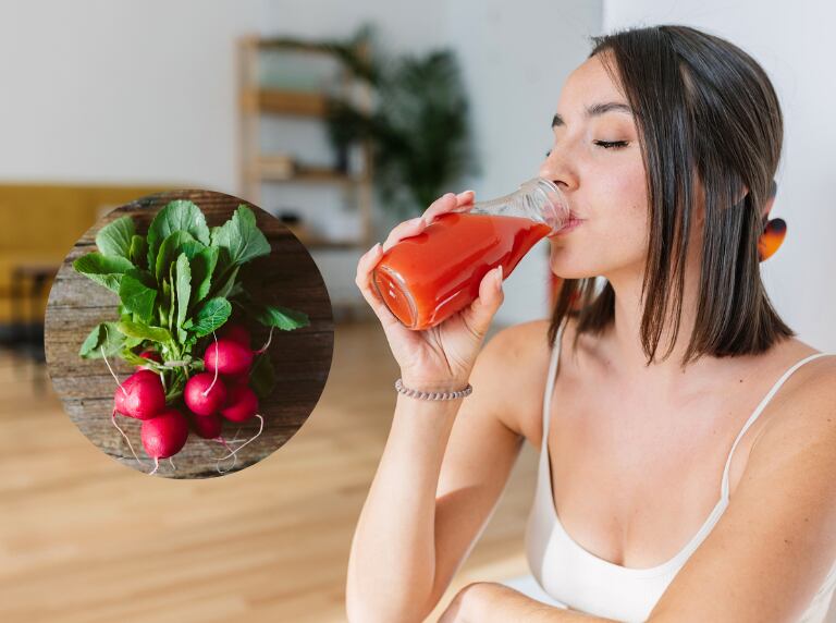 Mujer tomando jugo en la mañana / Rábanos frescos (Getty Images)