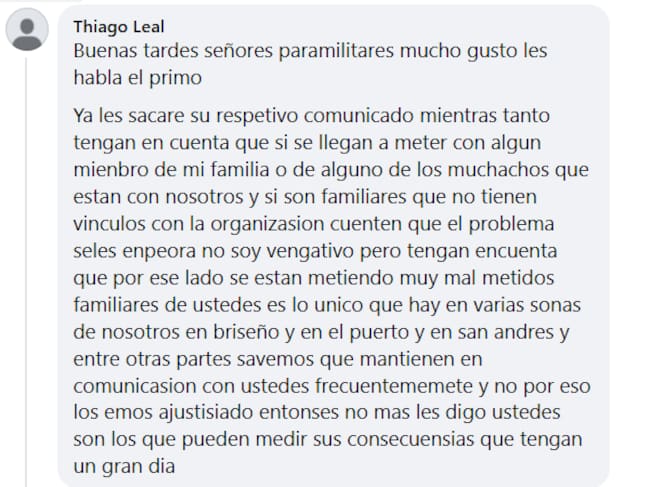 Respuesta de alias El Primo al Clan del Golfo