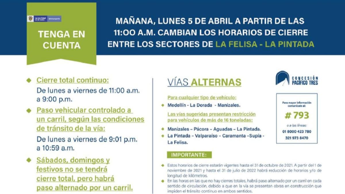 Se modifican horarios de cierre en la vía Manizales - Medellín