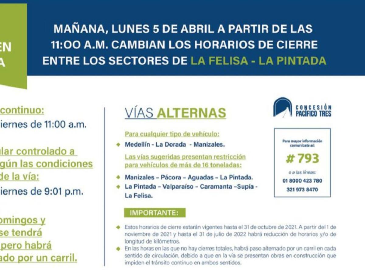 Se modifican horarios de cierre en la vía Manizales - Medellín