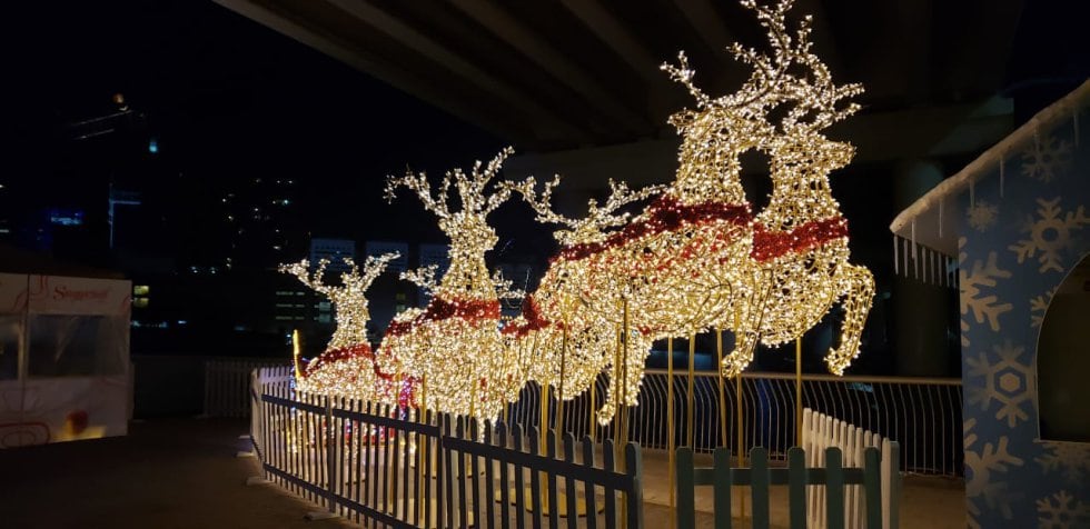Los renos de Papá Noel iluminados con las luces navideñas. 