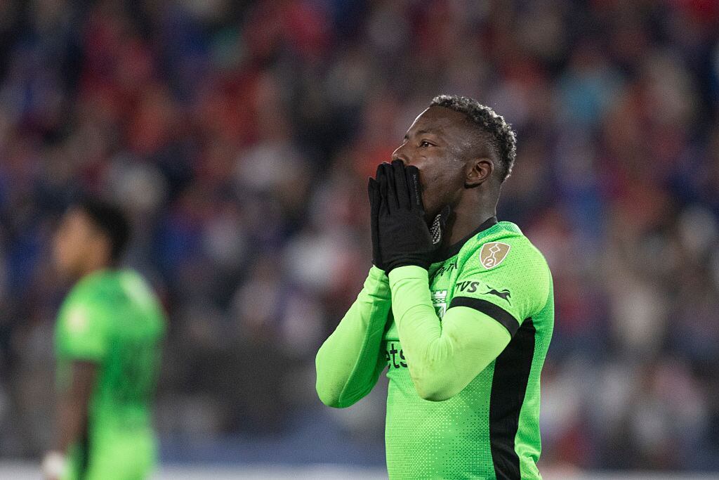 MONTEVIDEO, URUGUAY - MAY 28: Marino Hinestroza of Atletico Nacional reacts after during a Copa Libertadores group F match between Nacional and Atletico Nacional at Gran Parque Central on May 28, 2025 in Montevideo, Uruguay.  (Photo by Ernesto Ryan/Getty Images)