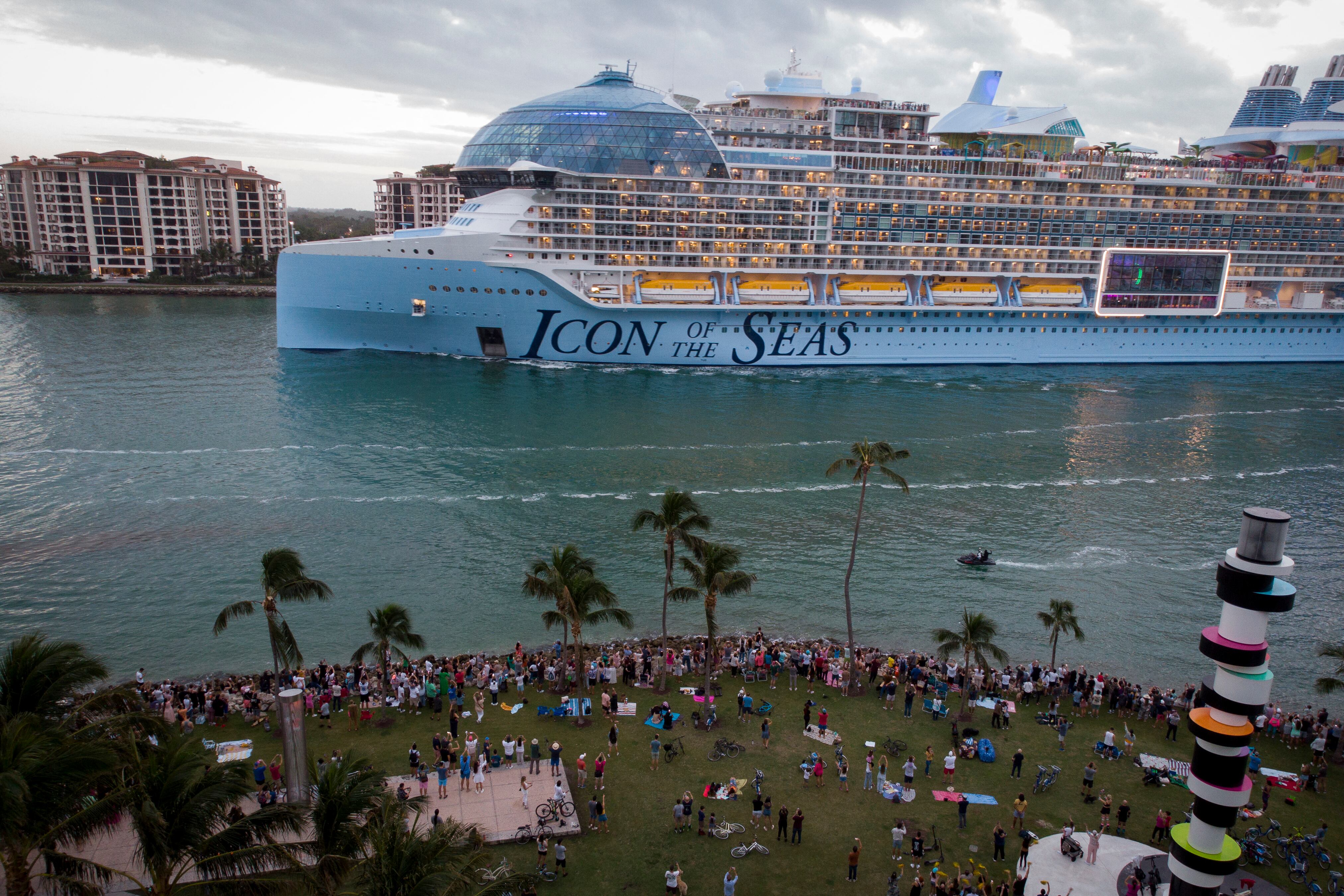 TOPSHOT - Royal Caribbean's "Icon of the Seas," billed as the world's largest cruise ship, sails from the Port of Miami in Miami, Florida, on its maiden cruise, January 27, 2024. (Photo by Marco BELLO / AFP) (Photo by MARCO BELLO/AFP via Getty Images)