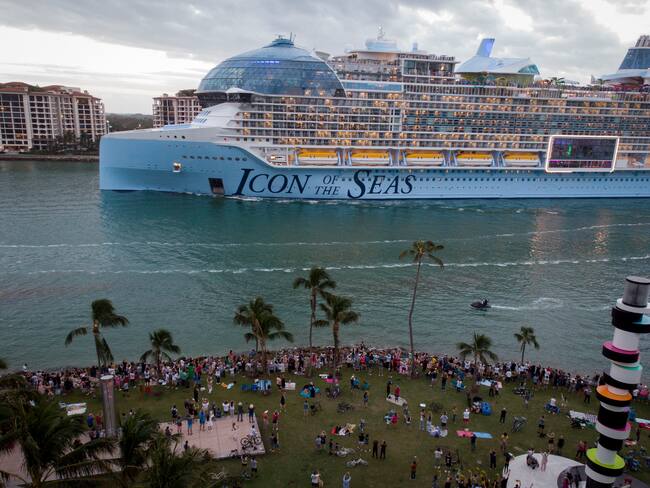TOPSHOT - Royal Caribbean's "Icon of the Seas," billed as the world's largest cruise ship, sails from the Port of Miami in Miami, Florida, on its maiden cruise, January 27, 2024. (Photo by Marco BELLO / AFP) (Photo by MARCO BELLO/AFP via Getty Images)