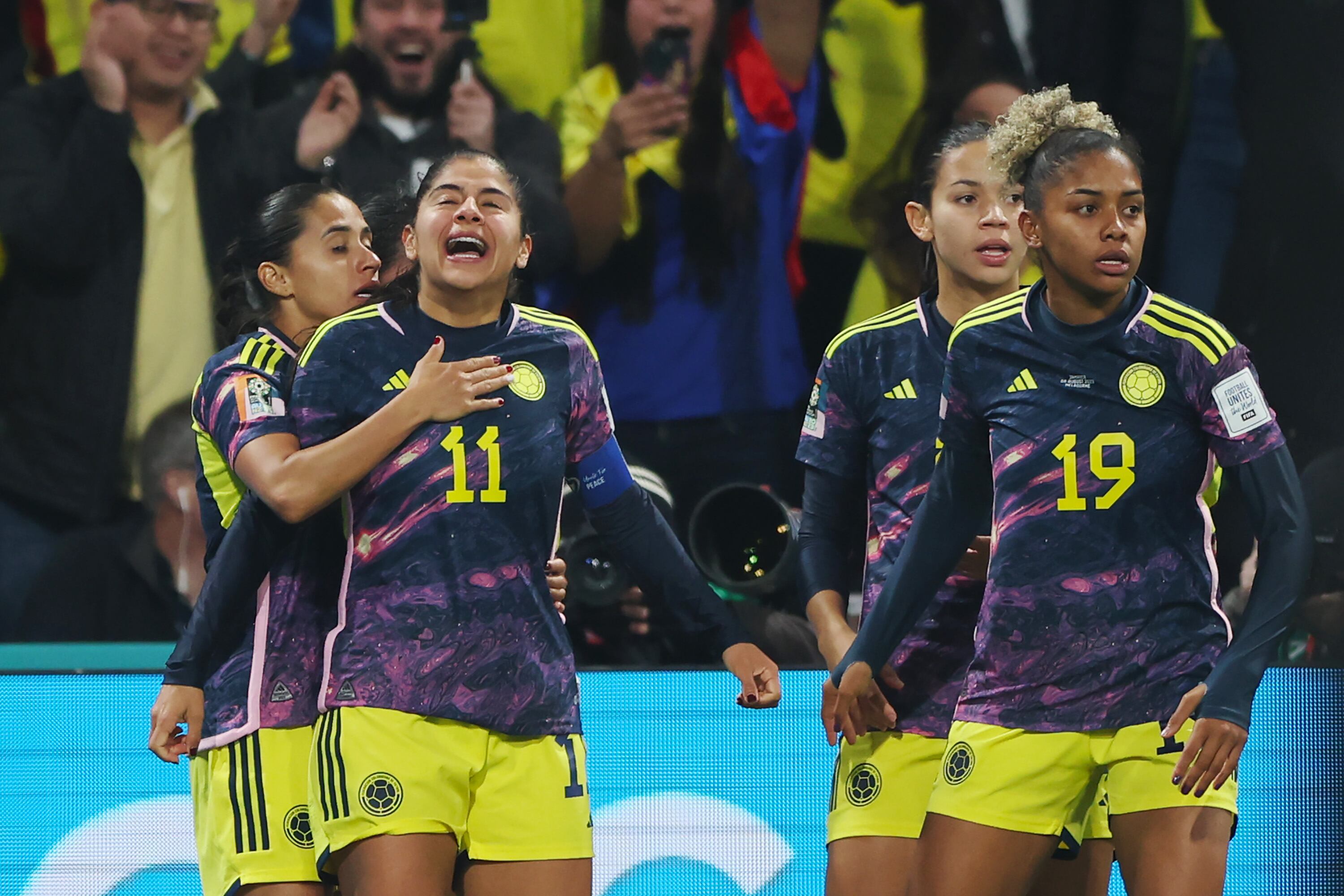 MELBOURNE, AUSTRALIA - AUGUST 08: Catalina Usme (2nd L) of Colombia celebrates after scoring her team's first goal during the FIFA Women's World Cup Australia & New Zealand 2023 Round of 16 match between Colombia and Jamaica at Melbourne Rectangular Stadium on August 08, 2023 in Melbourne, Australia. (Photo by Robert Cianflone/Getty Images)