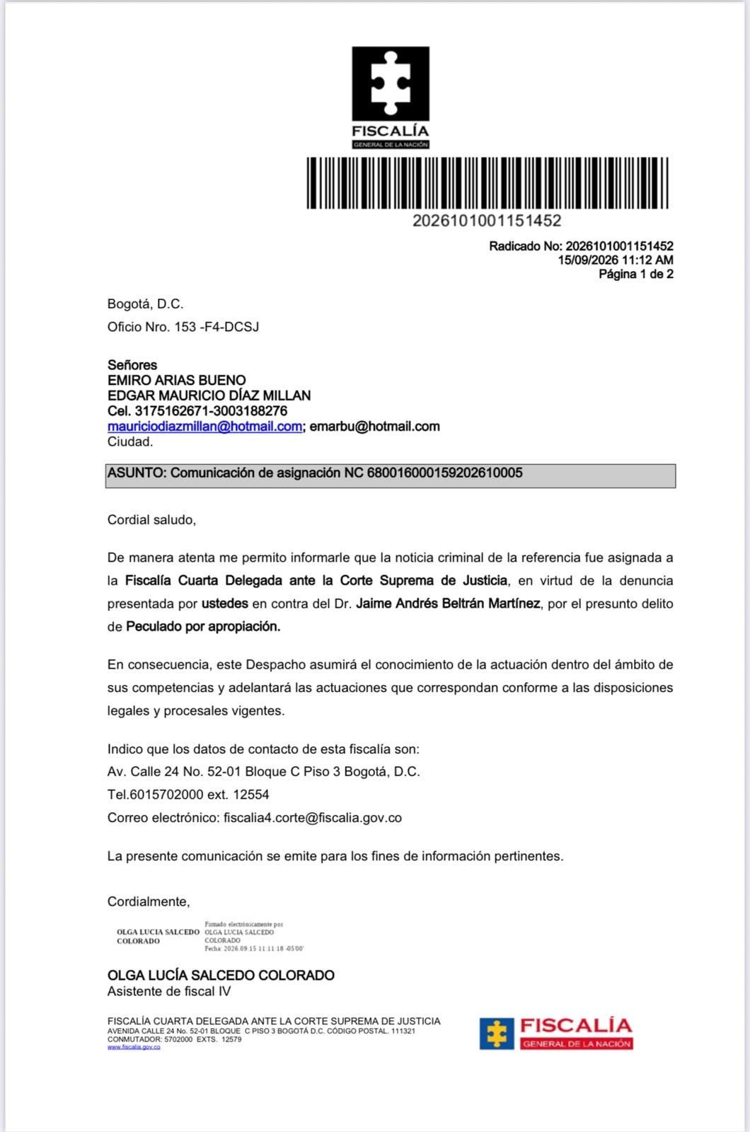 Foto: suministrada por Emiro Arias, denunciante del proceso