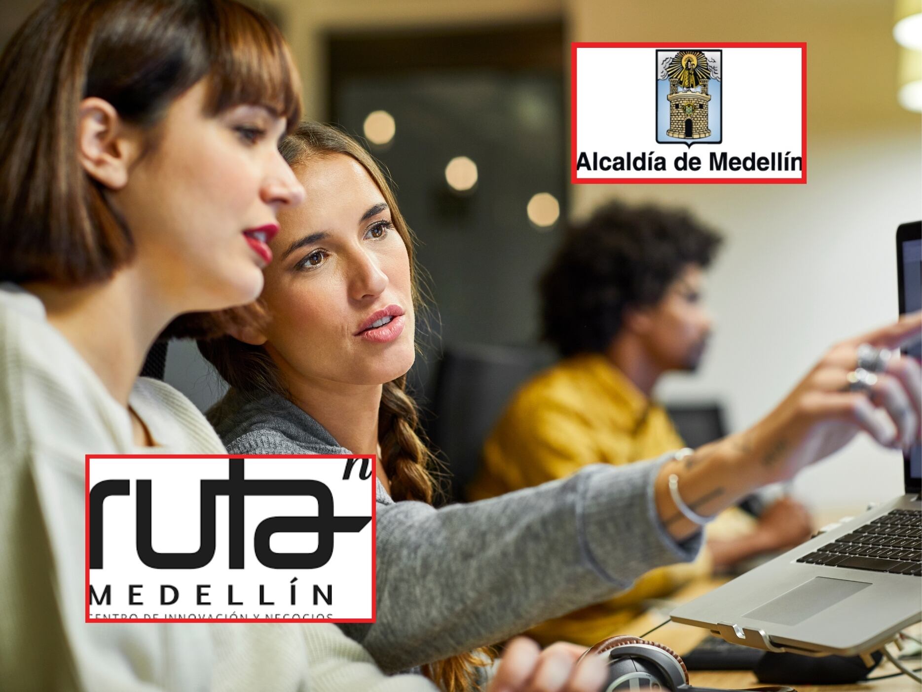 En portada: Imagen ilustrativa de dos jóvenes trabajando en ideas conjuntas. Logos: Alcaldía de Medellín y Ruta N Medellín (Cortesía: Getty Images & Alcaldía de Medellín)