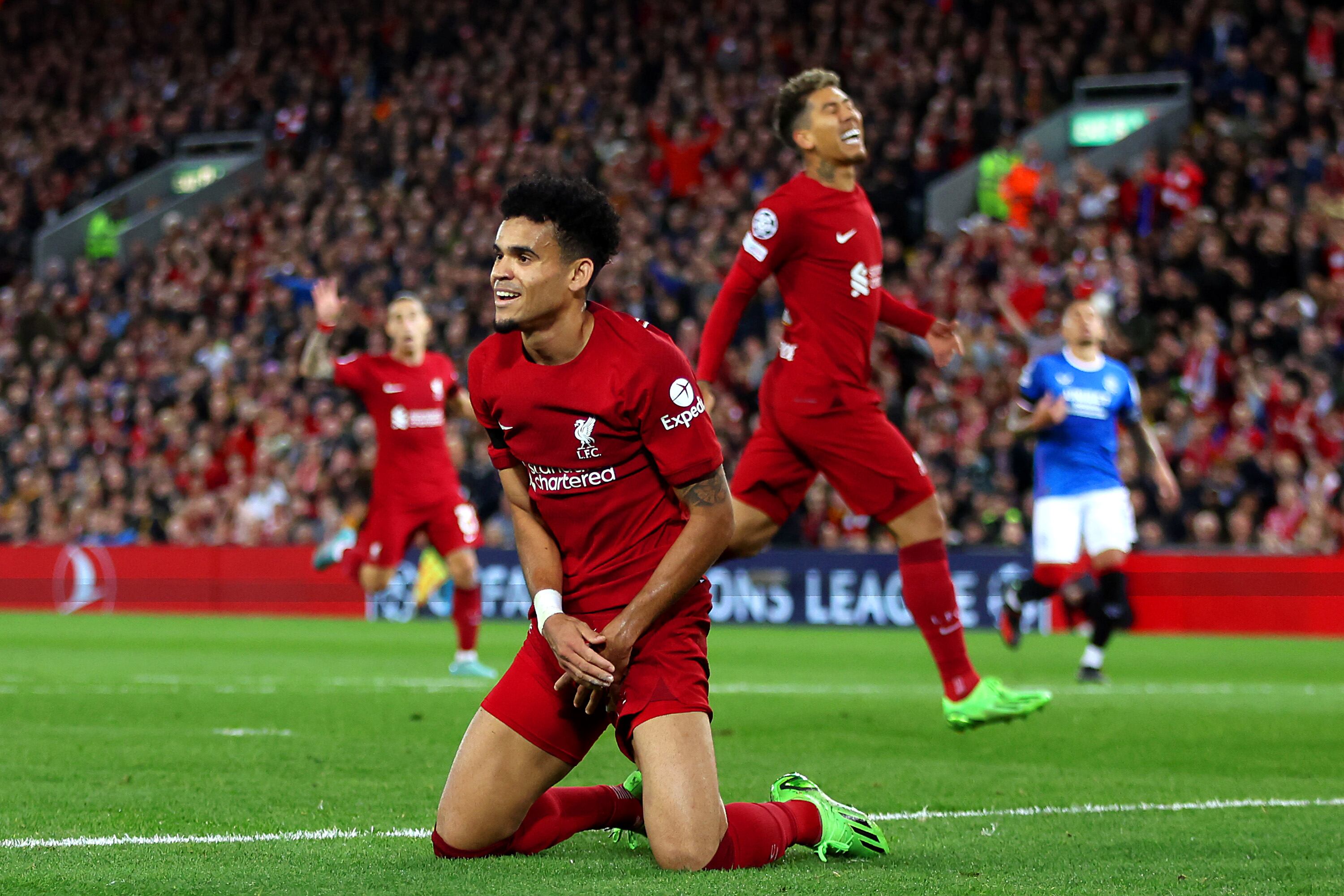 LIVERPOOL, ENGLAND - OCTOBER 04: Luis Diaz of Liverpool reacts after a missed chance during the UEFA Champions League group A match between Liverpool FC and Rangers FC at Anfield on October 04, 2022 in Liverpool, England. (Photo by Clive Brunskill/Getty Images)