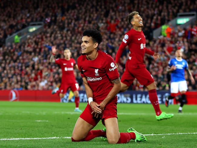 LIVERPOOL, ENGLAND - OCTOBER 04: Luis Diaz of Liverpool reacts after a missed chance during the UEFA Champions League group A match between Liverpool FC and Rangers FC at Anfield on October 04, 2022 in Liverpool, England. (Photo by Clive Brunskill/Getty Images)