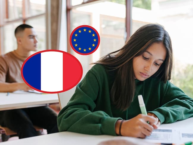 De fondo: Dos alumnos estudiando. A la izquierda se encuentran imágenes de las banderas de Francia y la Unión Europea, respectivamente (Crédito: Getty Images)