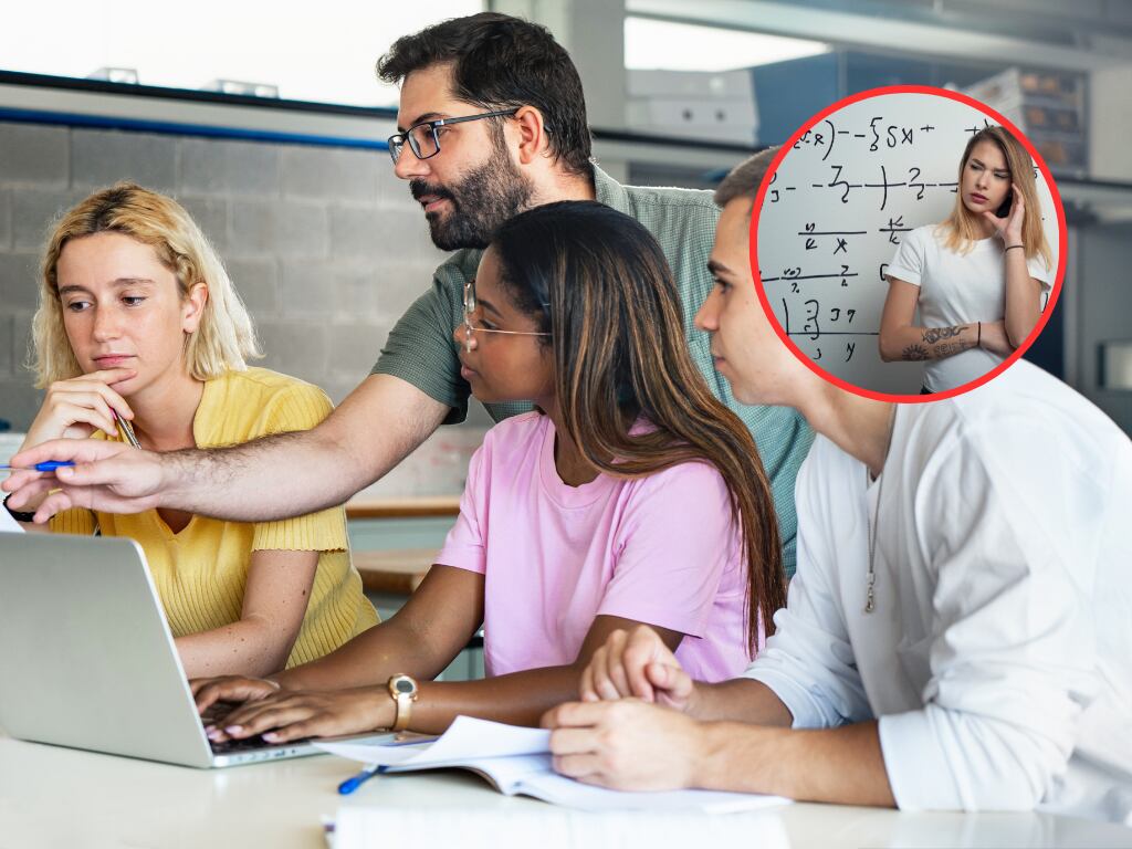 Estudiantes en un entorno universitario y de fondo una mujer inconforme con las matemáticas (Fotos vía Getty Images)